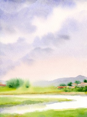 El çizimi sanat eseri, güneşli cennet sahnesi metin arkaplanı çizimi. Hafif sakin eski Avrupa seyahat tepe tepe bataklık dere koyu yeşil çimen çalı köknar bitki sis sis soyut manzara