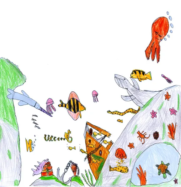 Şirin, soyut, derin su derinliği olan mercan kayalıkları kaya bitkisi bitki sembolü, pastel boyalı çocuk beyaz doku resmi çizmiş. Vahşi dünya manzaralı karikatür çizgi film yıldızı işaret simgesi metin alanı