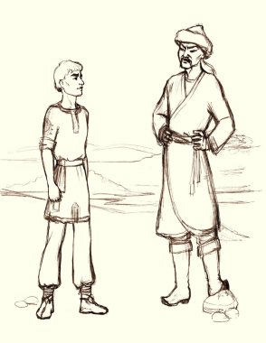 Ciddi, genç, doğulu bir çocuk, tehlikeli bir yetişkinin koluna karşı. Kazanan, savaş, savaş, savaş, savaş, savaş, savaş, kahramanları, gökyüzü. El çizimi 2 şövalye stres sorunu saldırı konsepti geçmişe dönük çizim tarzı sembol