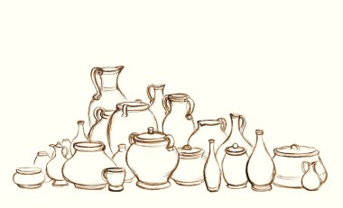 Yakın çekim İncil grubu bir sürü boş kırsal şarap şişesi bardak seti. Kırsal toprak yiyeceği, çamur sütü kavanozu, el işi, İncil 'de geçen sanatçının yetenek sembolü, hatıra ürünü.