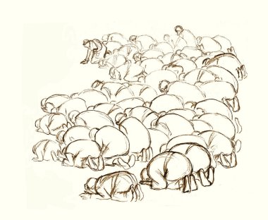 Kutsal BAE diz çökün Katar Arabistan erkek grubu kölesi Kral İsa 'ya yalvar beyaz toprak metin uzayı Kara çizgi el çizimi övgü dolu kız Kabe idolü eski İncil taslak sembolünü kutsa