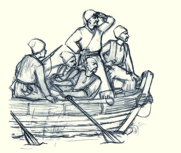 Geçen yüzyıl Norveç savaş tehlikesi kol fırtınası rüzgar dalgası kaşifi savaş gemisi kadırgasına yelken bezi beyaz gökyüzüne saldırdı. Kara çizgi, yelkenli yelkenliyi güverteye çekti Hetman kahraman karikatür çizimi