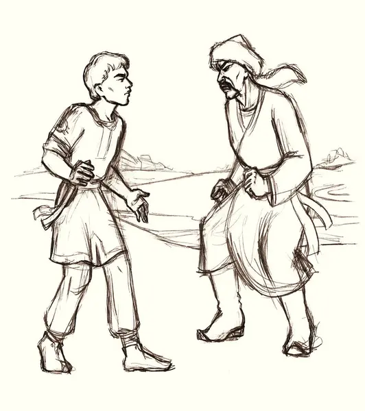 2 öfkeli doğulu çocuk kol rekabeti yarışması kadın kazanan yarışmacı savaş kahramanı. Çizgi çizilmiş rakip şövalye koruma giysi giysi oyun konseptine karşı eski İncil çağı sanat tarzı.