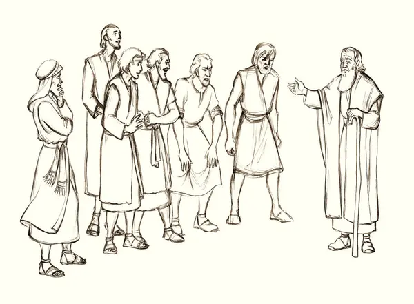 Yetişkin yaştaki Müslüman ağabeyi beyaz gökyüzü görüşüne tapıyor. Eli çizilmiş üzgün yahudi arkadaş etnik adamın vaaz verdiğini görüyor musun? Dua et, gerilim olayı, geçmişe dönük sanat eskizi.