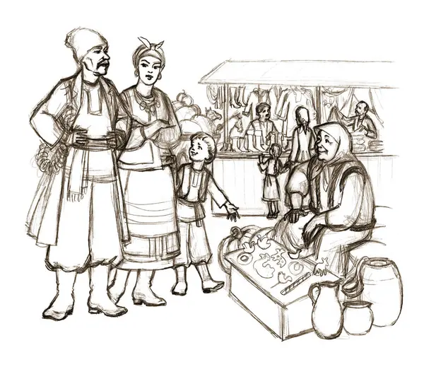 Retro festivali kızı perakende satış elemanı oyuncakları hediye malzemeleri mağazası sahnesinde çalışıyor. El yapımı Asya kasabası Asya çadır rafı...... erkek alıcı...... insan işçisi...... çaydanlık taze meyve tabağı...... sanatı stili gösteriyor.