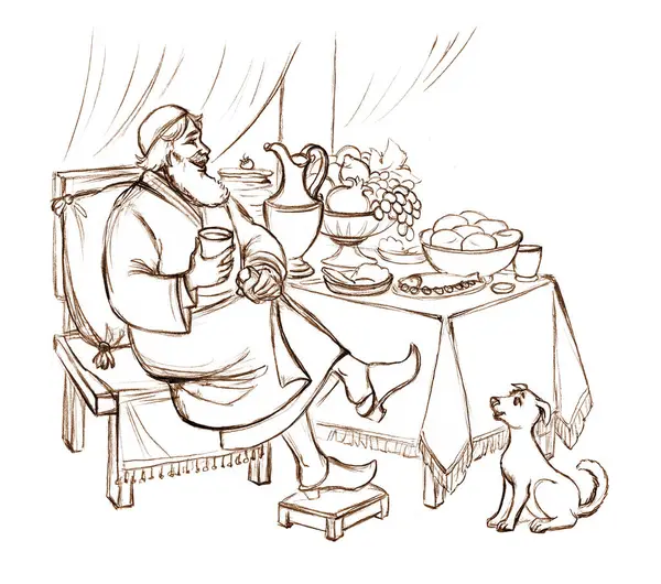 Orta Asya 'lı yaşlı sarhoş erkek Yahudi kadehi tutuyor. Şarap zevkli, neşeli, İslamcı tezahürat yapıyor. Parti köpeğini evinde selamlıyor. El çizimi İncil 'e ait bir öykü. Sanat eskizi. Gülümse. Fırında ekmek tabağı al.