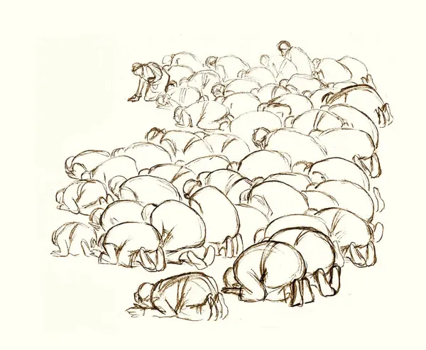 Kutsal BAE diz çökün Katar Arabistan erkek grubu kölesi Kral İsa 'ya yalvar beyaz toprak metin uzayı Kara çizgi el çizimi övgü dolu kız Kabe idolü eski İncil taslak sembolünü kutsa