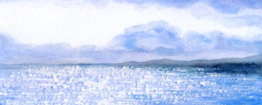 Elle çizilmiş akvaryum boyası sakin, serin, taze bahar ışıltısı gölet dağı ufku sahnesi. Kağıt kart metin alanı arka plan eski tarz tasarımı. Mavi renk yağmur, cennet, vahşi vadi, tatil manzarası.