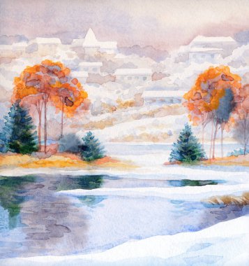 El çizimi sanat eseri serin yeni yıl sis bulutlu gün sahnesi. Açık beyaz kart arka plan eski tarz. Parlak renk eski çalı ormanı buz gibi soğuk sakin gölet göleti kıyısı manzarası