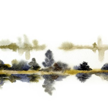 El çizimi suluboya resim çizimi kağıt metin alanı. Kırsal sakin çalı çalısı, çalı tarlası, dere yatağı, sel, yağmur manzarası. Serin bahar sisli sonbahar kumsal eski sanat eserleri sahnesi