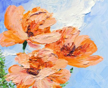 Parlak modern gouache pembe boya pastel eskiz desenli görünüm. Canlı turuncu renkli el, akrilik botanik tomurcuk kök otu çizmiş. Retro yaratıcı beyaz kağıt branda fırça tebrik kartı tarzı taze mavi gökyüzü sahnesi