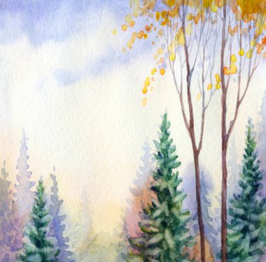 Parlak el, karton resimli arkaplanda cennetteki metin alanının üzerine suluboya manzaralı çizimler yaptı. Sessiz kış zamanı mavi renkli gün batımı sanatçısı sahnesi. Beyaz sakin buzlu Xmas Huş Tepesi Vadisi