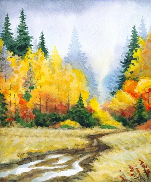 Kağıt desenli arkaplana elle çizilmiş suluboya resim. Taiga nemli sis günü manzaralı bulutlu manzara üzerine metin uzayı. Parlak kırmızı turuncu renk yabani çimen bitkisi kara akrilik Rusya manzarası