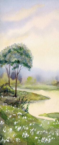 Ручной работы ярко-розовый акварельный рисунок рисунок тихий горизонт оврага тумана вид сцены на бумажном фоне пространство для текста. Ручной рисунок светло-желтого цвета дождливый закат неба над спокойной дикой долине парка