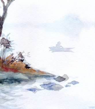 El çizimi resimler Spring Creek Körfezi sisi yağmurlu, alacakaranlık sahnesi aydınlık kağıt metin alanı. Sisli, sakin, yağmurlu, eski, kır parkı, yelkenli, erkek, vahşi av, hobi, seyahat çubuğu, kumsal manzarası.