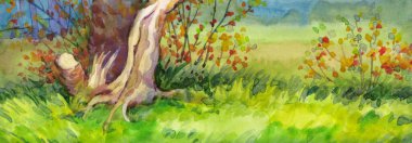 El çizimi parlak yeşil çizimler sabah manzarası kırmızı çim biçme eski bitki çalı yaprak ışığı kağıt metin alanı. Sakin bir gün sisli bir yağmur sisi sisli bir gölet tarım arazisi alacakaranlıkta bile yolculuk sahnesi.