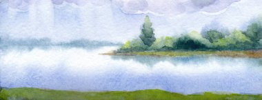 El çizimi parlak resimler, sessiz cennet sahnesi beyaz kağıt arkaplan metni çizimi. Açık mavi renk sakin kırsal tepe bataklık deresi koyu yeşil çimen tarlası çalılık bitki sis bulutu