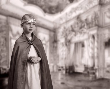 Old retro classic fun cape cloak gold gem tall hall pillar column wall decor text place. Funny happy cute smile small little woman lady face fancy rich king red mantle jewel ball party joy tale story