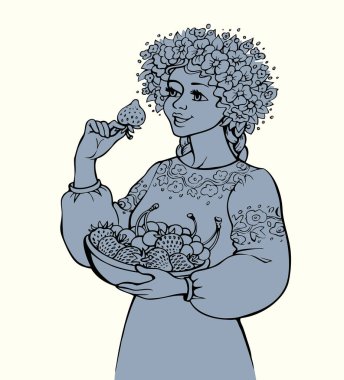 Genç tezahürat yapan genç bayan insan yüzü kolu eski beyaz kır bitkisinin tadını çıkarıyor. El yapımı retro sanat eskizi olgun bahar sezonu lezzetli, taze, biyo-yetişmiş diyet atıştırmalık kültürü taşıyor.