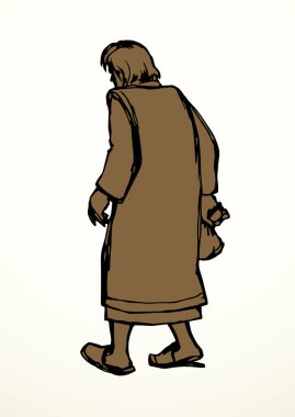 El çizimi siyah çizgi geçmiş eski çağ üzgün yaşlı tanrı inancı sanat skeç tarzı beyaz gökyüzü. Üzgün yahudi kız hain yürüyüşü 30 gümüş para kazanıyor cüzdan simgesi Orta Doğu İslam Arap hikayesi