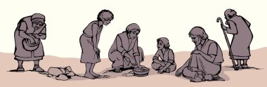 Yahudi Doğu Arap insan kalabalığı çocuk ayağa kalk mutlu beyaz gökyüzü taşı sinai kuru tohum saksı işi el çizimi eskiz zavallı yaşlı doğu hanımı Tanrı yemek yolunu korusun
