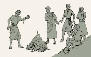 Yaşlı Yahudi namaz kılığına gir, Tanrı 'ya dua et ölü, vahşi, sürüngen dişleri öldür, kol kavgası yap, sıcak, beyaz, deniz kıyısındaki vahşi yaşam sahil kampında öl. İsrailli yahudi adam inanç hikayesi eskizini çizdi.