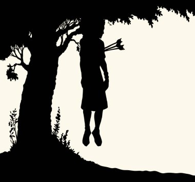 El çizgisi siyah çizgili Yahudi insan adam Joab Chase kral çocuk büyük tahta yaprak yapraklı gökyüzü tarlasını kaybetti. Sefil, zavallı, hasta, hasta bir kız düştü. Acı çeken bir kurban. Çizgi film çizimine yardım et.