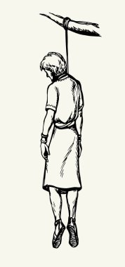 Genç, ölümcül hapis hayatı. Yaşlı, Yahudi, Yahuda, beyaz gökyüzü. Koyu siyah el çizimi. Zalim, mutsuz, insan boynu asılı. Stres, kötü düğüm.