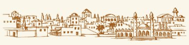 Oryantal kehanet çağı hindisi. Irak İran çöl vahası. Palmiye ağacı manzaralı taş kule beyaz gökyüzü. Mürekkep el çizimi Jordan Medina 'nın Yahudi-Yahudi sanat çizimi çizimi tarzı