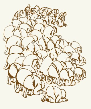 Kutsal BAE diz çökün Katar Arabistan erkek grubu kölesi Kral İsa 'ya yalvar beyaz toprak metin uzayı Kara çizgi el çizimi övgü dolu kız Kabe idolü eski İncil taslak sembolünü kutsa