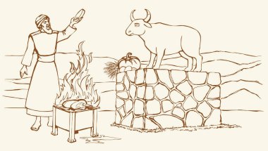 Orta Doğu 'daki büyük etnik Mısır altın çağında Yahudi günah beyaz kral ritüel boynuzu çiftliği erkek sığır ağası tapınağı simgesi. Çizgi siyah el çizimi resim eskizi kutsal Sina Musa hukuku hikaye sanat tarzı grafik