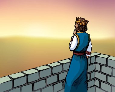 Retro korku Tanrı sanat çizimi üzgün üzgün asil Lord endişeli beklemek savaş sorunları sürpriz izlemek. Ünlü Yahudi tacı kahraman saltanatı hikayesi Doğu Avrupa 'nın taştan kale çatısı gökyüzü bile