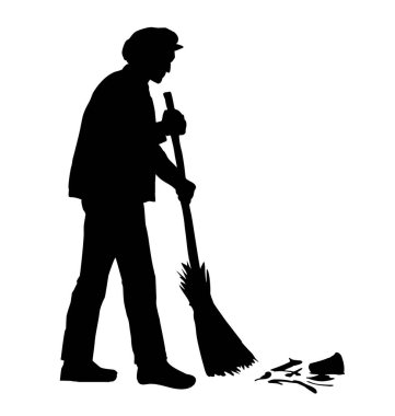 Erkek çocuk sopasını tutuyor. Evi temizliyor. Beyaz gökyüzü mesaj alanını temizliyor. Siyah mürekkep kalem kağıdı çizilmiş. Temizlikçi kız silinmiş. Toprak tozu logosu simgesi.