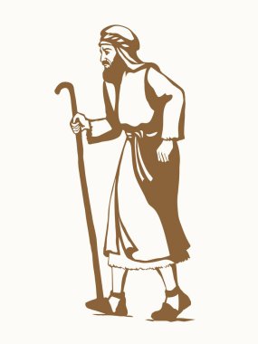 Yetişkin bilge, orta yaşlı erkek Yahudi, beyaz bornoz, baston görünümlü İsrail elbisesi giyer. El çizimi siyah retro müslüman uae uae hindi çöl adam Paul dua Tanrı İsa Mesih inancı yol inanış İslam sanat yolu