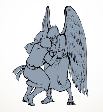 İki yahudi insan dua kolu yarışması kazanır. Dua et de ordu kahramanı beyaz gökyüzü mesaj uzayı kazansın. Koyu siyah çizgi çizilmiş Yahudi rakibi oyun kaslarına karşı gardiyan kavramı simgesi eski antik çağ eskizi sanat stili.