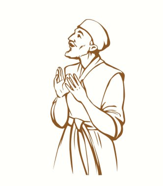 Happy Joy Admir Hand, kutsal tanrı orta yaşlı adamın yüzünü huşu ile çizdi. Koluna bak. Tanrım, İsa 'ya dua et. Yahudi bornozu kumaş simgesi işareti