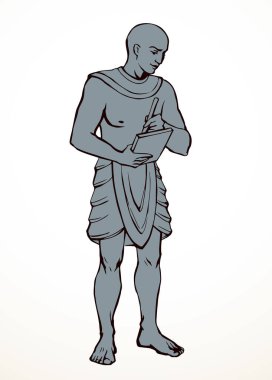 Genç, yetişkin, elbise, kel, erkek, sosyal dua, yazar, kadro şefi, kral, özel hayat. Siyah kalem çizili eski çağ tanrısı inanç hükümdarı sanat beyaz kitap tarzı kağıt çizim