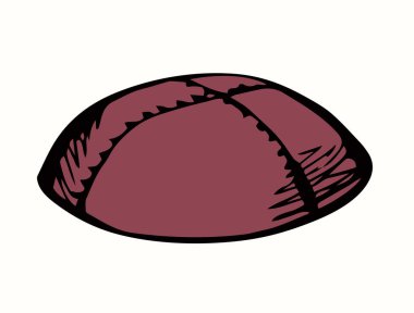 Eski tapınak yom kippur etnik shofar çocuk düz beyaz kippot kapak mavi kumaş tallit bar korusun. Siyah çizgi çizilmiş üst görünüm antik talit kipah grafik sanat çizim tarzı logo simgesi tasarımı