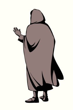 Baş haham, baş öğretmen Peter, beyaz insan tanrısı inanç hikayesi sanatı hakkında vaaz veriyor. Orta Doğu Asyalı bornoz giysisi kadın bedevi kız Mary eli arkadan çekilmiş kol arkasına bak kurşun kurşun gibi ağla