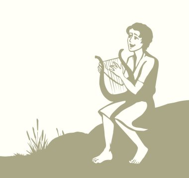 Genç Yahudi hobi erkek çocuk, parmak akoru, Lira Lute notası, dua et de eski moda robot resim çizimi tarzında çizilsin. İsrailli Lord Musevi kız halk sanatları sanatçısı Kral Saul beyaz gökyüzü