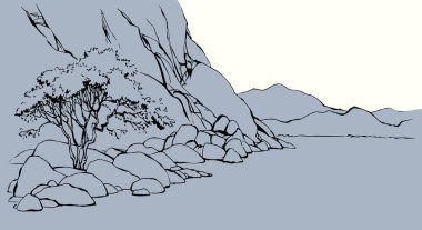 Doğu Arap İnciline ait eski bir Afrika kayalık kanyonu uçurumu, yamaçtaki yemyeşil çalı, manzaralı beyaz gökyüzü metin alanı manzarası. Siyah mürekkep kalem el çizilmiş Sıcak Asyalı sahne retro karikatür sanat dolap tarzı