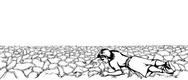 Genç hasta, baygın, yorgun, üzgün, genç, erkek, çocuk, İsmail, kutsal kitap gibi ağlayan bir Tanrı. El çizimi sıcak güneş kirli kum toprak toprak toprak toprak stres sıcak sıcak sıcak kurban Arap kız müslüman İslam sanatı