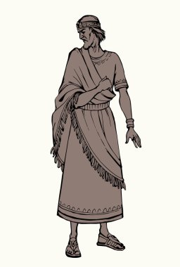 Ortadoğu Sümer 'i geçmiş yaş stresi, Yahudi David altın elbise, Irak erkek kraliyet lordu Saul yargıç gibi görünüyor. El çizimi Suriye İran Darius Xerx insan retro Herod Ahab tanrı hikayesi sanatı korkusu