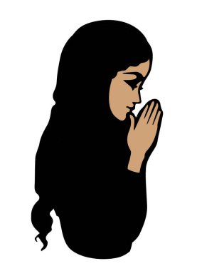 Genç üzgün üzgün üzgün üzgün, güzel bayan Lord İsa 'ya sor. Retro sanat beyaz metin alanı çizer. Siyah çizgi çizilmiş. Saflığa şükürler olsun. Sevgi kıvrımlı kol, yetişkin İncil logosu simgesi kavramı için yalvar.