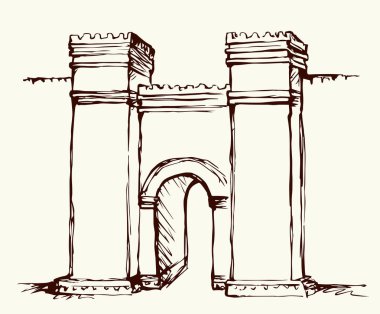 Asya Arabistan İbrani kasabası beyaz gökyüzü metin uzayında tuğla sahnesi. Doğu Yahudi logosu simgesini eski moda ressamlar Orta Doğulu Asya Arap dini tarzında ana hatlarıyla çizmiş. Ön görünüm