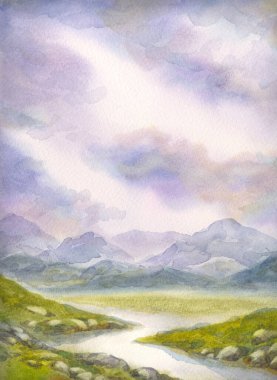 El çizimi sanat eseri, cennet sahnesi, beyaz arka plan, metin alanı. Açık mavi sakin kırsal yamaçlar yamaç yamaçları dere yamacı kıyı şeridi yeşil çimen ağacı sisli yağmurlu sisli, sisli manzara