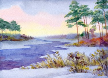 Parlak el, taze sonbahar serin, bulutlu bahar manzaralı arka plan, açık renkli boya resimleri çizdi. Köknar ağacı dalı kamış vadisi kırsal sakin ıslak buzlu sürüklenme yeni yıl soğuk donmuş dere kıyısı manzarası