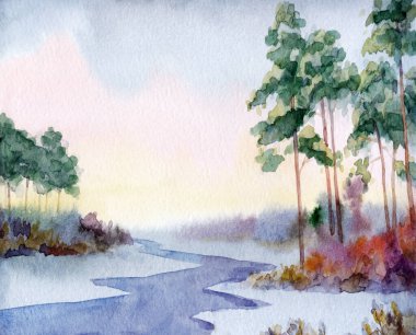 Parlak el, taze sonbahar serin, bulutlu bahar manzaralı arka plan, açık renkli boya resimleri çizdi. Köknar ağacı dalı kamış vadisi kırsal sakin ıslak buzlu sürüklenme yeni yıl soğuk donmuş dere kıyısı manzarası