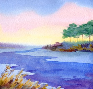 Parlak el, taze sonbahar serin, bulutlu bahar manzaralı arka plan, açık renkli boya resimleri çizdi. Köknar ağacı dalı kamış vadisi kırsal sakin ıslak buzlu sürüklenme yeni yıl soğuk donmuş dere kıyısı manzarası