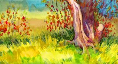 El çizimi parlak yeşil çizimler sabah manzarası kırmızı çim biçme eski bitki çalı yaprak ışığı kağıt metin alanı. Sakin bir gün sisli bir yağmur sisi sisli bir gölet tarım arazisi alacakaranlıkta bile yolculuk sahnesi.